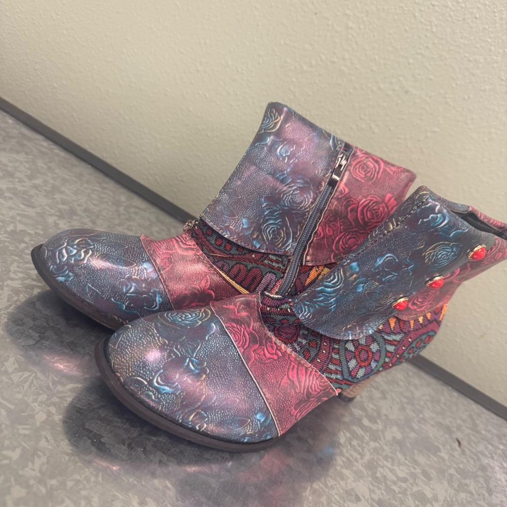 Socofy Ankle Boots Womens 42 Multi-Color Good Floral Woven‎ Boho Stacked Heel
